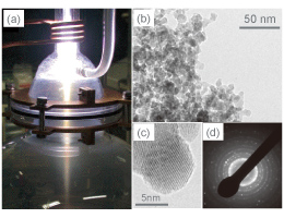 Figure 1 (a) Appearance of the fabrication of BaTiO3 nanoparticles by plasma CVD, (b) TEM bright field image of the fabricated naoparticles, (c) TEM lattice image of the fabricated nanoparticles, (d) selected area electron diffraction pattern of the fabricated nanoparticles.