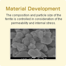 Material Development The composition and particle size of the ferrite is controlled in consideration of the permeability and internal stress.