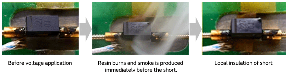 Image of ECAS series. Before voltage application. Resin burns and smoke is produced immediately before the short. Local insulation of short.