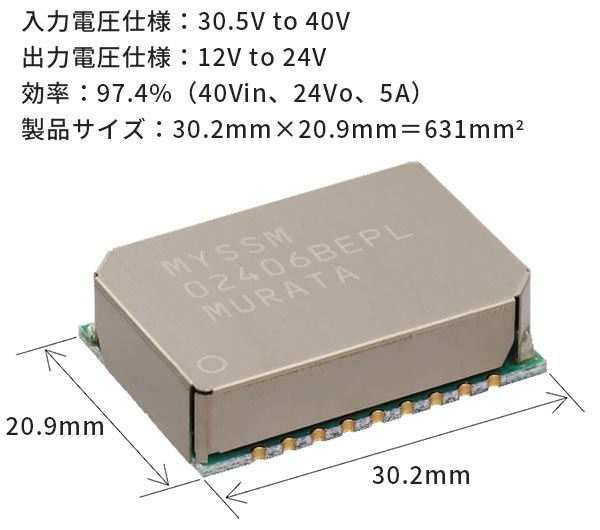 入力電圧仕様：30.5V to 40V、出力電圧仕様：12V to 24V、効率：97.4%（40Vin、24Vo、5A）、製品サイズ：30.2mm×20.9mm＝631mm²