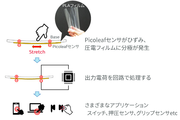 Picoleafでできることのイメージ画像。Picoleafセンサがひずみ、圧電フィルムに分極が発生。出力電荷を回路で処理する。